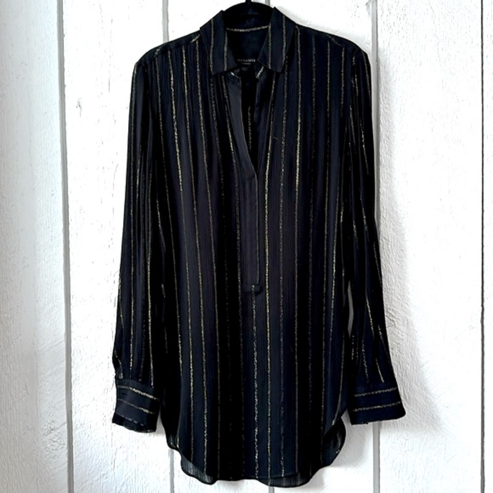 AllSaints Keri Metallic Striped Tunic in Black & Gold